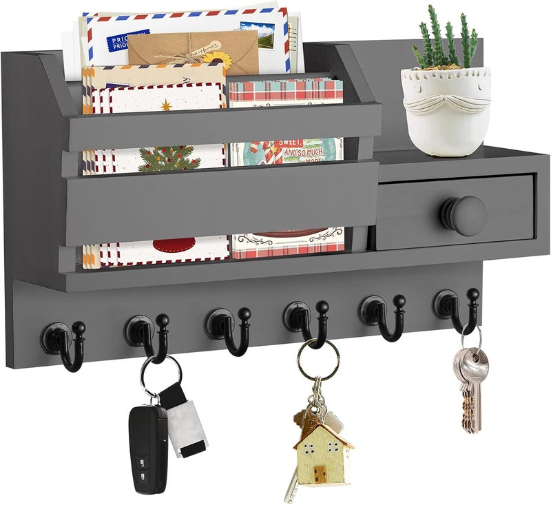 VIS'V Key Holder Wall Mount, Wooden Mail and Key Organizer with Drawer and Shelf, 2 Slots, 6 Hooks, Grey - Image 1